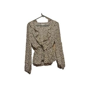 Max Studio Women's Size M Cream Ruffle Boho Floral Long Sleeve Tie Waist Blouse‎